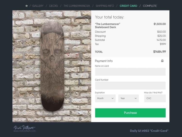 Daily UI - Checkout | Nick Volkert An ecommerce checkout experience featuring a spooky hand-drawn skateboard for sale!