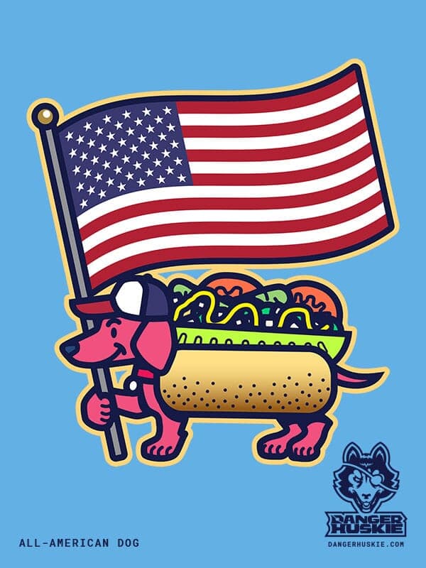 All-American Dog | Nick Volkert A little weiner dog is wearing a Chicago-style hot dog costume while carrying a huge waving, red, white, and blue American flag for Flag Day!