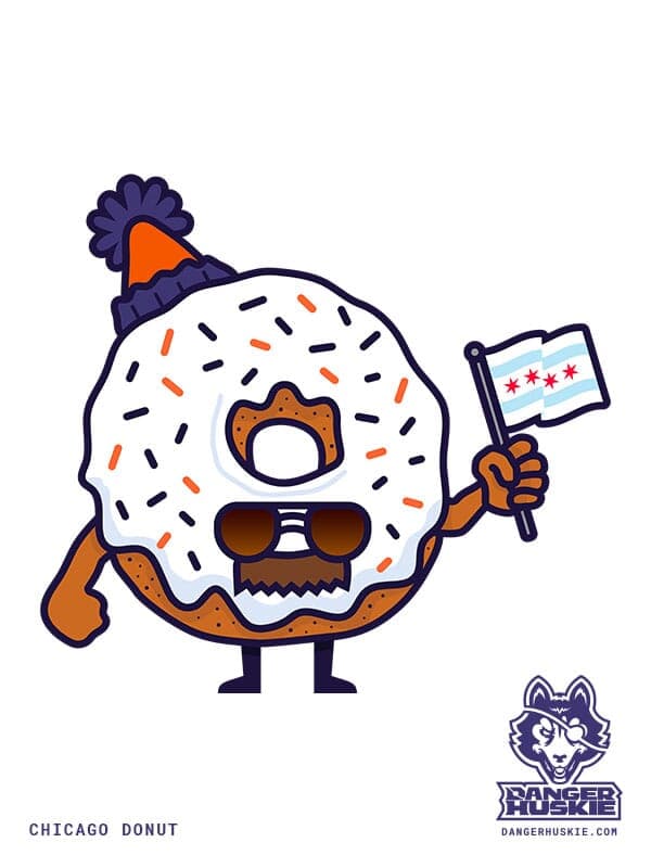 Chicago Donut | Nick Volkert A little white frosted donut is looking like a Chicago Super Fan with a mustache and aviator glasses, waving a Chicago city flag!