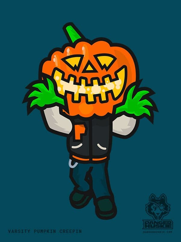 Varsity Pumpkin Creepin | Nick Volkert A man in a varsity jacket with a Jack O'Lantern head approaches the viewer.