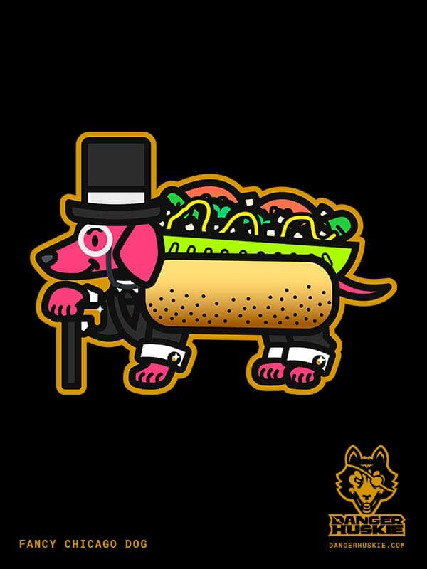 Fancy Chicago Dog | Nick Volkert A dachshund in a Chicago style hot dog costume rings in the New Year with a top hat and a monocle. So fancy!