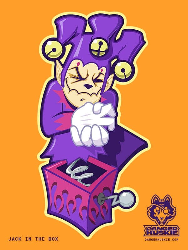 Jack In The Box | Nick Volkert An evil puppet has popped out of a box with a crank, smiling wryly while ringing its hands.