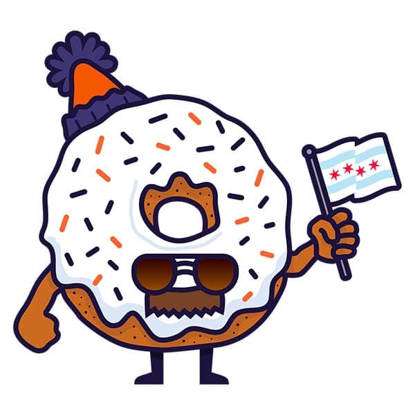 Chicago Donut | Nick Volkert A little white frosted donut is looking like a Chicago Super Fan with a mustache and aviator glasses, waving a Chicago city flag!