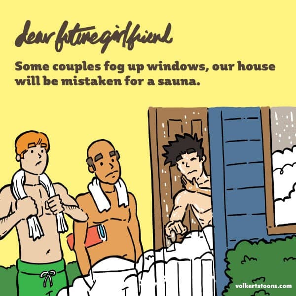 Sauna | Nick Volkert A woman touches a man from inside the house as he notices older men waiting to enter a sauna.