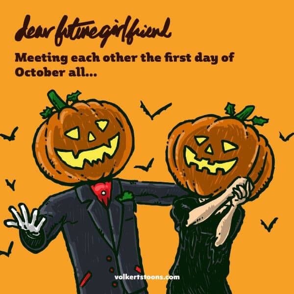 First day of October | Nick Volkert A couple with pumpkin heads a smitten with each other.