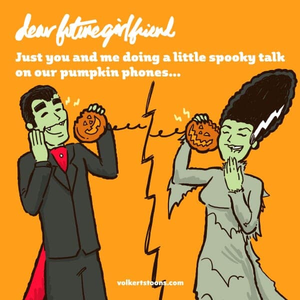 Spooky Time | Nick Volkert A couple dressed as frankenstein's brde and dracula flirt over the phone.
