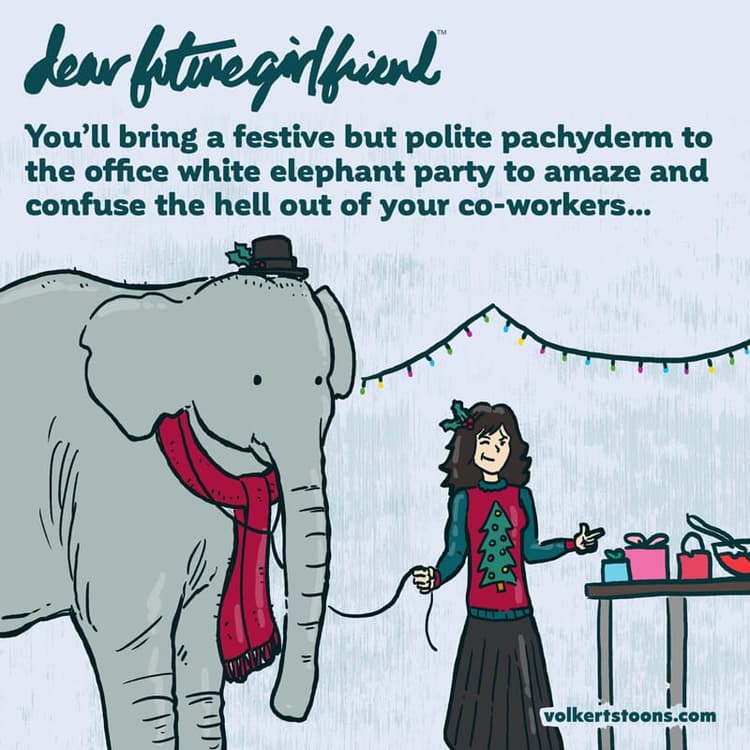 White Elephant | Nick Volkert A woman enters a white elephant party with a literal elephant.