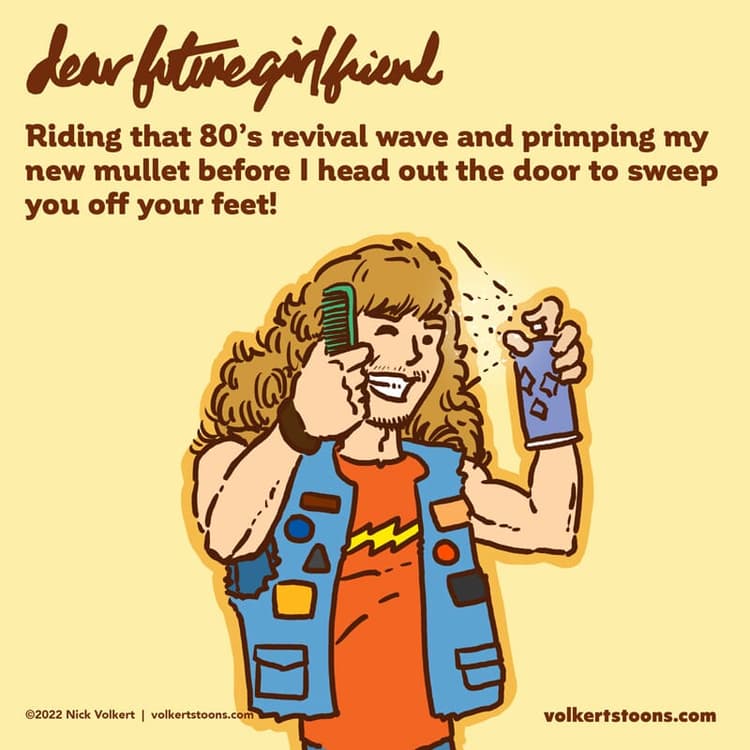 Summer Mullet | Nick Volkert A young man combs his mullet back while wearing a jean vest and graphic tee.