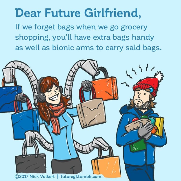 Bionic Arms | Nick Volkert A woman with four extra arms carries all the groceries.