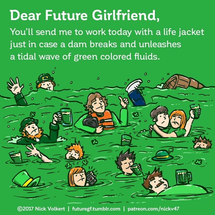 Green Fluid | Nick Volkert A man in a life jacket in a sea of green beer.