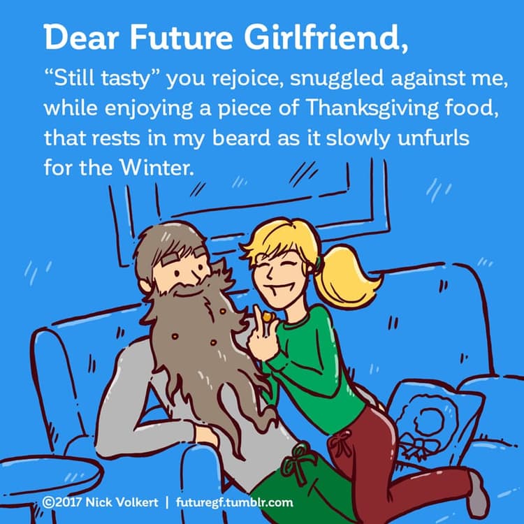 Tasty Beard | Nick Volkert A woman picks pieces of food out of a man's overgrown beard.