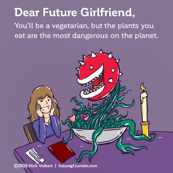 Vegan | Nick Volkert A woman looks in happiness at a pipe monster plant from Super Mario.