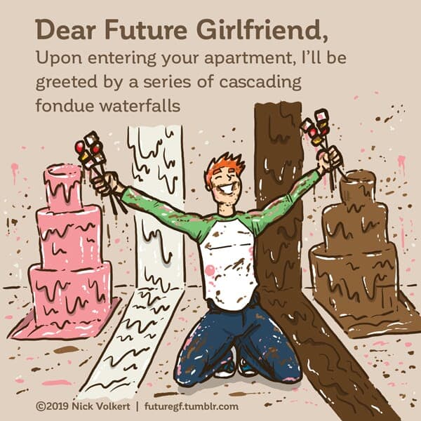 Fondue | Nick Volkert A man is celebrating in front of various flowing flavors of fondue.