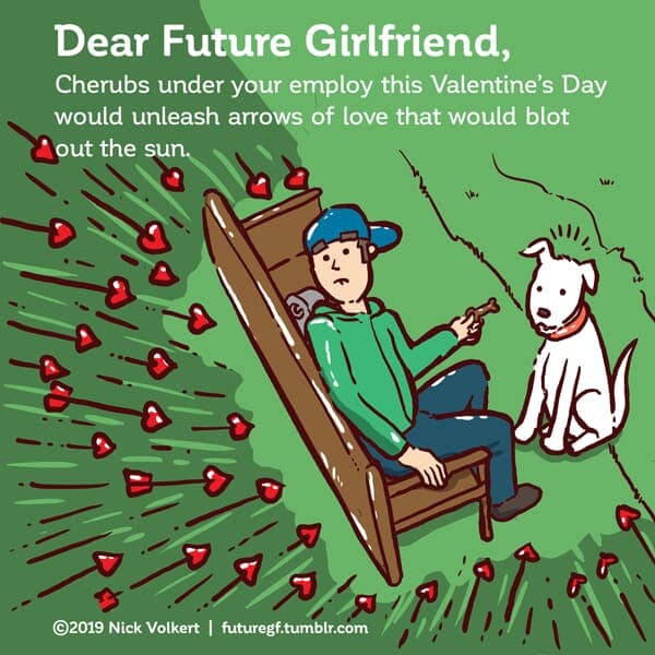 Fifty Arrows | Nick Volkert A man with his dog has a sea of cupid arrows about to descend on him.