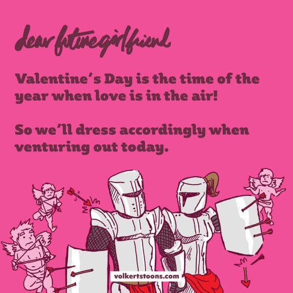 Love in the air (Revamp) | Nick Volkert A couple walks in a suit of armor deflecting cupid's arrows.