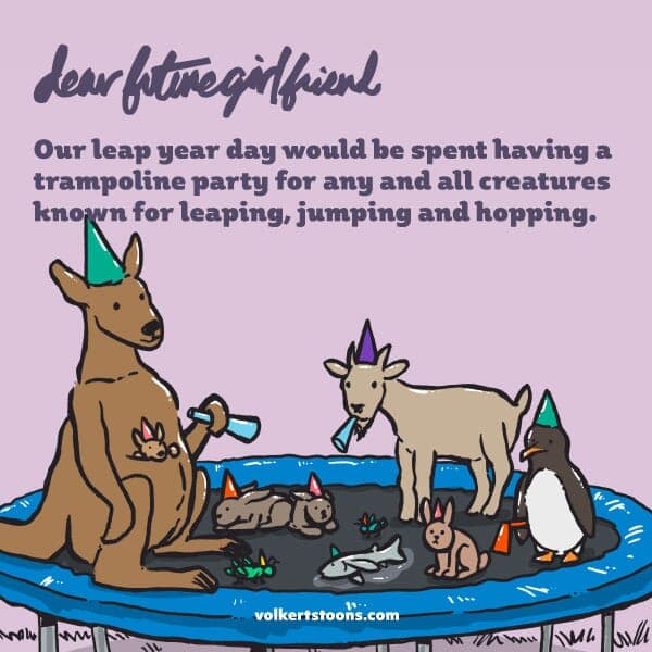 Leap Year | Nick Volkert A group of animals that jump are congregated on a trampoline.
