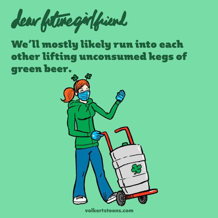 Green Beer | Nick Volkert A woman in protective gloves and facemask wheels a keg of beer.