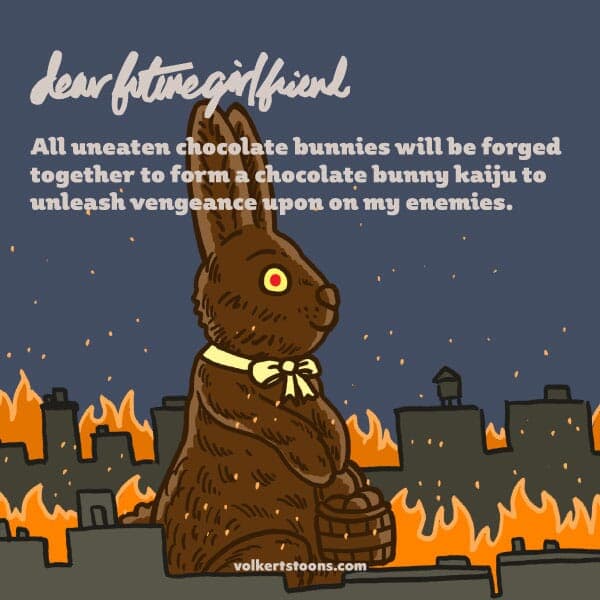 Bunny Kaiju | Nick Volkert A giant chocolate Easter bunny marches through a city