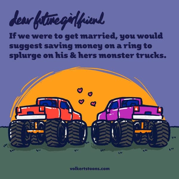 Monster Trucks | Nick Volkert Two monster trucks are parked in front of a sunset.