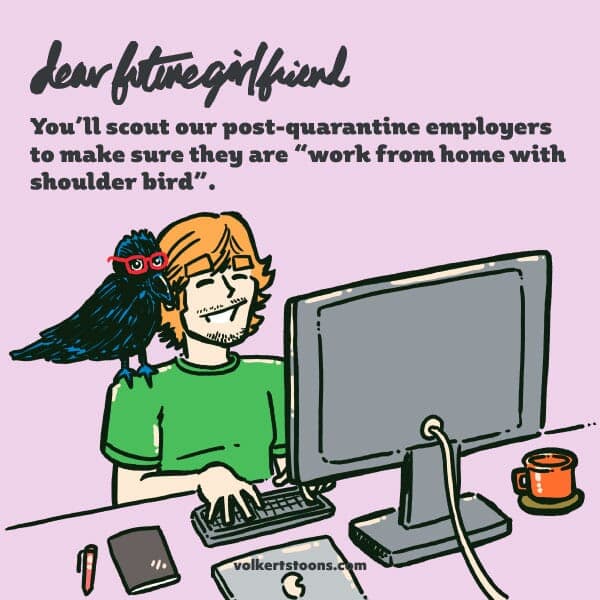 Shoulder Bird | Nick Volkert A man works at a computer with a crow perched on his shoudler.