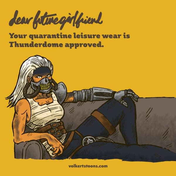 Thunder Dome (Repost) | Nick Volkert A woman dressed as Immortan Joe lounges on a couch.