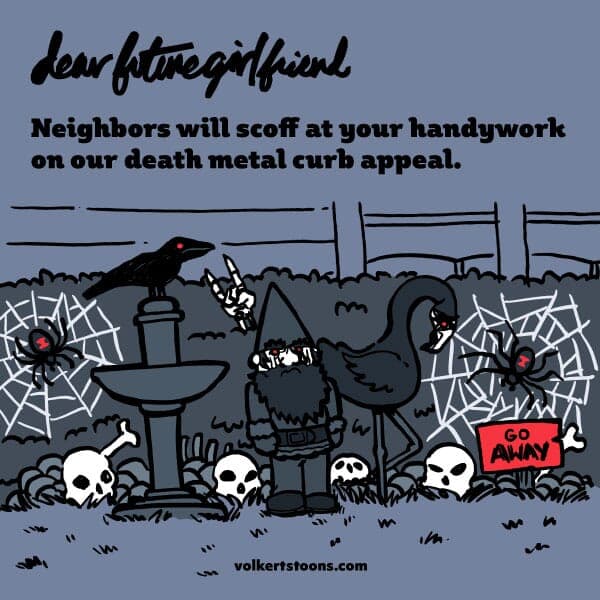 Death metal curb appeal | Nick Volkert An assortment of lawn ornaments as their death metal versions in a yard.