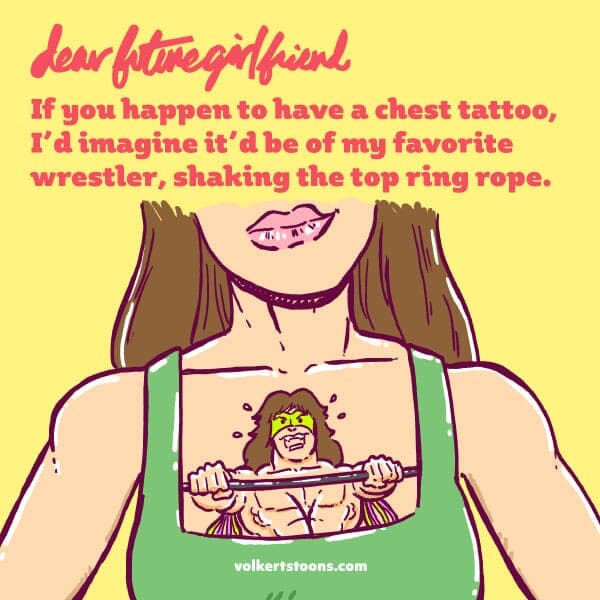 Chest Tattoo | Nick Volkert A woman shows off her pro wrestling inspired tattoo.