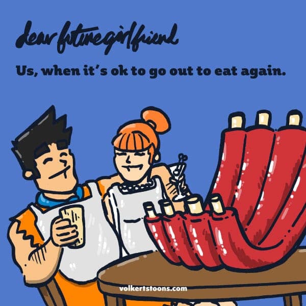 Dining in | Nick Volkert A couple that looks like Fred and Wilma Flintstone enjoy a large rack of ribs.