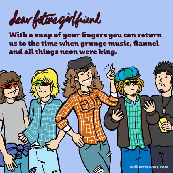 Snap of Fingers | Nick Volkert A woman is surrounded by men in 90's grunge fashion