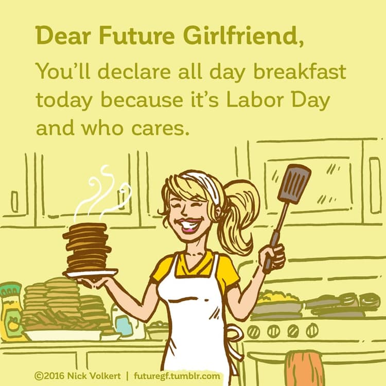 All Day Breakfast | Nick Volkert A woman is smiling holding a plate stacked with pancakes.
