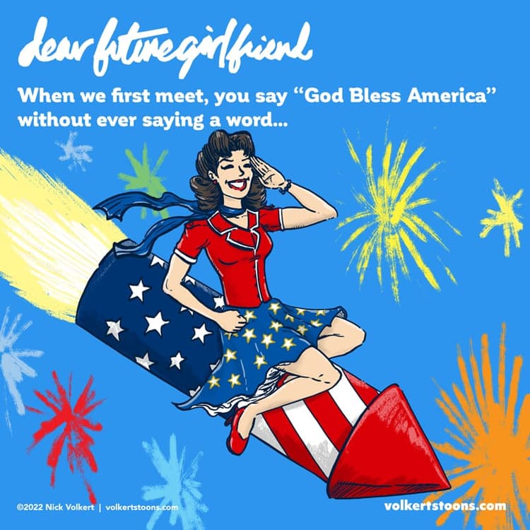 Bombshells blasting in air | Nick Volkert A pretty brunette woman with a victory hairstyle rides a giant red, white and blue bottle rocket while fireworks pop off in the background.