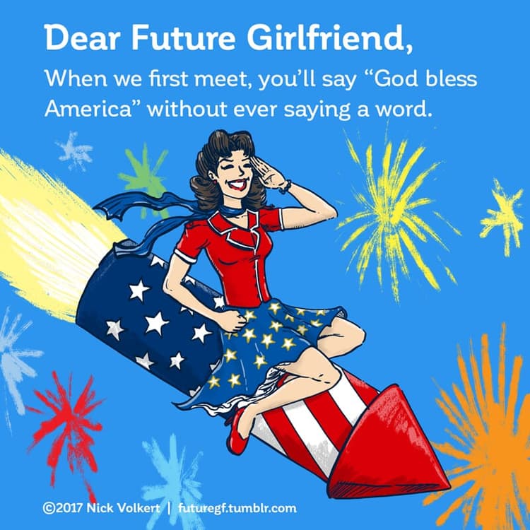 GodBless | Nick Volkert A woman on a large red, white and blue bottle rocket does a salute.