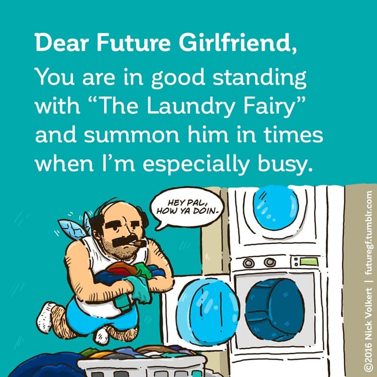 Laundry | Nick Volkert A small balding man with a cigar and fairy wings attends to a basket full of laundry.