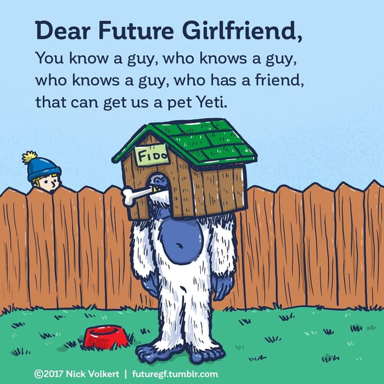 Pet Yeti | Nick Volkert A yeti fails to hide under a dog house