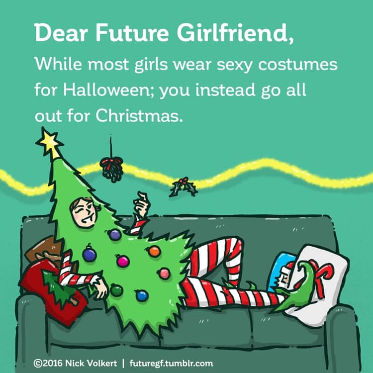 Sexy Xmas | Nick Volkert A girl dressed in a xmas tree costume does a come hither motion.