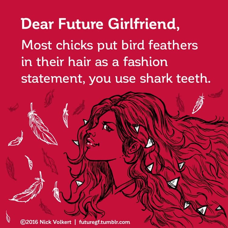 Shark Tooth | Nick Volkert A woman with long flowing hair has shark teeth in it instead of feathers.