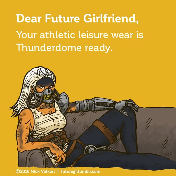 Athleisurewear | Nick Volkert A woman who looks like a character from Mad Max reclines on a sofa.