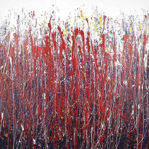 A Quick Pause | Nick Volkert An abstract painting on stretched canvas with dominant use of red with shades of blue and white with touches of yellow.