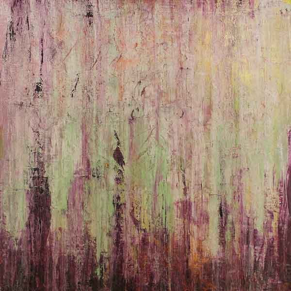 Green Boxcar | Nick Volkert An abstract work that has a prominent green paint that has deep purple streaks on the bottom of th work with hints of yellow and orange peeking through the green.