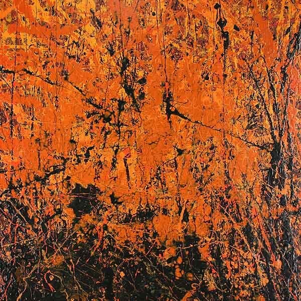 Halloween | Nick Volkert An abstract work on a square board with layered shades of orange with a dominant application of black.