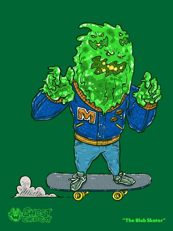 The Blob Skater | Nick Volkert A green multi-faced ooze monster is riding a skateboard with a letterman's jacket.