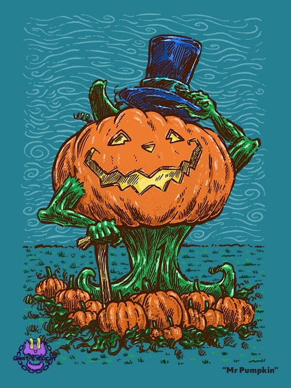 Mr Pumpkin | Nick Volkert A large and proud pumpking with a top hat tips his hat to the viewer over a small pumpkin patch on a windy night!