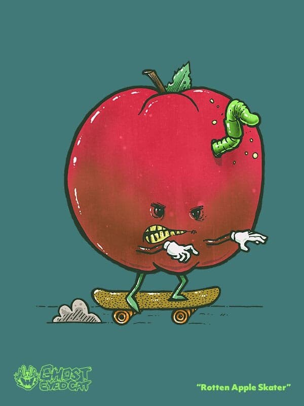 Rotten Apple Skater | Nick Volkert A rotten and diseased apple rides a skateboard with a green work sticking out of the top of it.