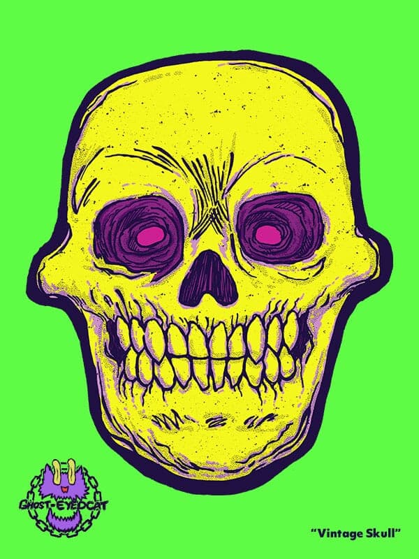Vintage Skull | Nick Volkert A vintage Halloween skul with dayglow magenta eyes stares with jaws clenched at the viewer with it's terrifying gaze!