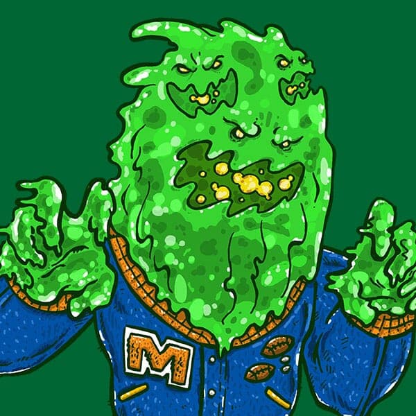 The Blob Skater | Nick Volkert A green multi-faced ooze monster is riding a skateboard with a letterman's jacket.