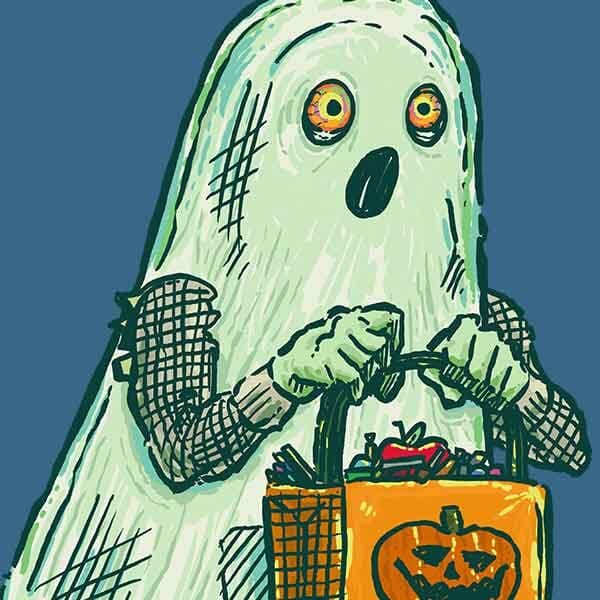 Ghost Trick Or Treater | Nick Volkert A ghost with scary eyes and long socks and sneakers does the rounds on Halloween as a trick or treater!