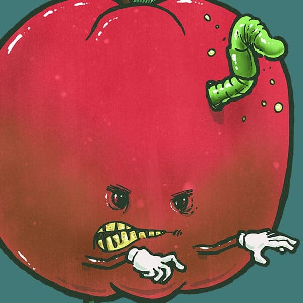 Rotten Apple Skater | Nick Volkert A rotten and diseased apple rides a skateboard with a green work sticking out of the top of it.