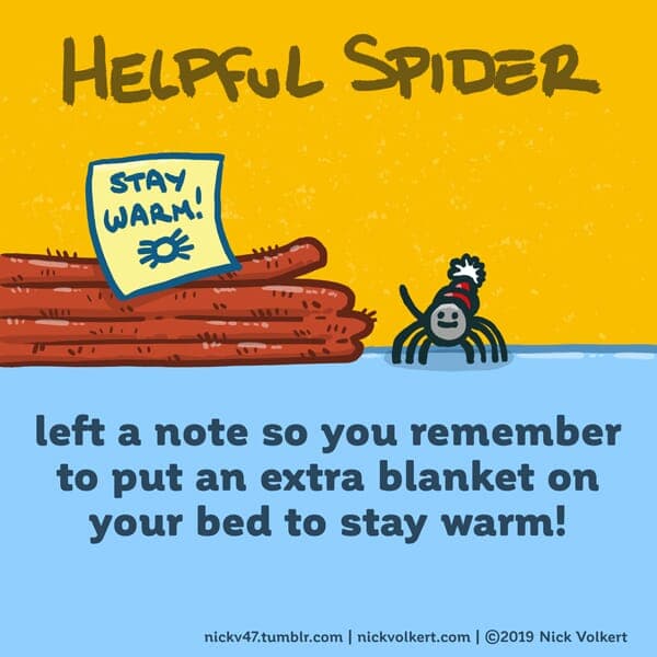 Stay warm! | Nick Volkert Helpful Spider leaves a yellow note on a stack of blankets.
