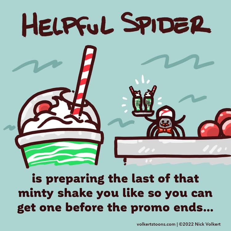 Shamrock Shake Spider | Nick Volkert Helpful Spider is holding a tray of two spider-sized shamrock shakes by a human sized shamrock shake!
