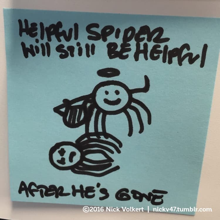 RIP Helpful Spider | Nick Volkert The helpful spider has turned into a spider angel with a harp, rising from his body.